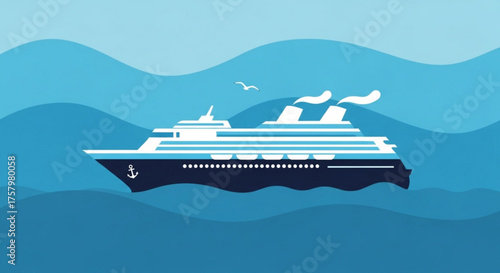 A cruise ship sails on the ocean, representing travel, vacation, and maritime adventures with a serene blue water backdrop