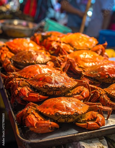 Cooked crabs, red-orange on a tray at a food market
