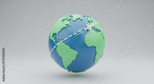 A stylized globe with an airplane flying around it, , representing global travel, tourism, and international destinations