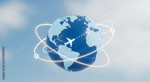 Global travel and tourism concept with airplane flying around the world international business, vacation, and transportation illustration