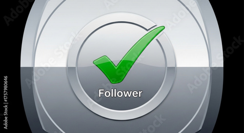 Green follower button with check mark for social media, indicating a successful follow or subscription on a gray background