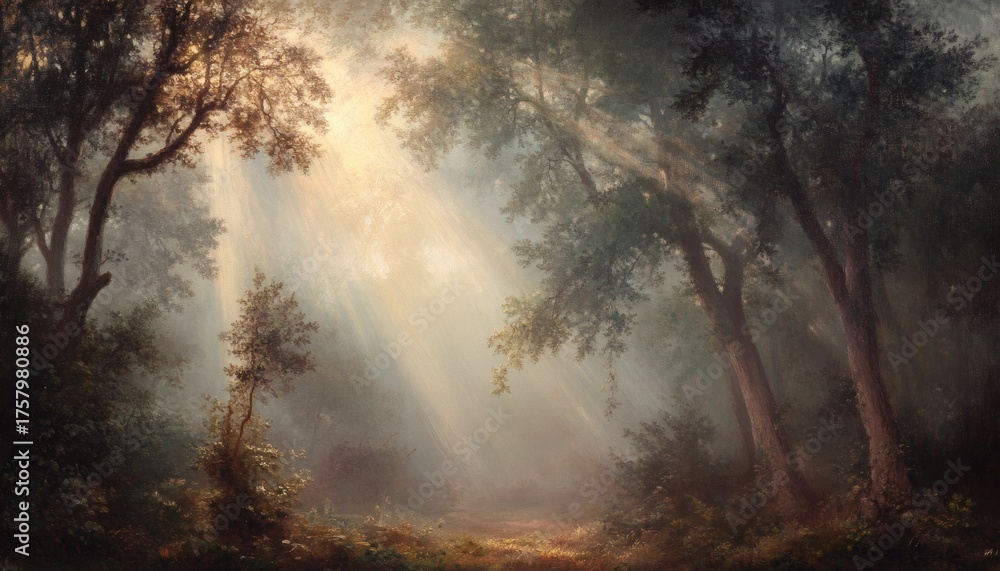 Fototapeta premium Sunbeams breaking through a misty forest, illuminating the path
