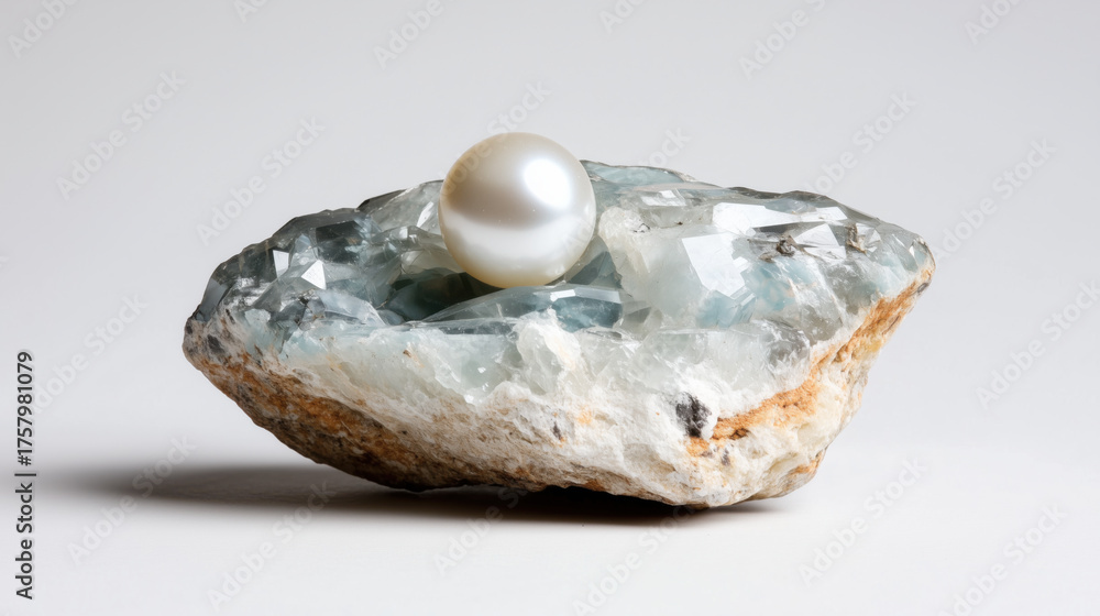Obraz premium Stunning gemstone rock featuring lustrous pearl resting atop bed of aquamarine crystals. unique combination of textures and colors creates captivating visual appeal, showcasing beauty of natural