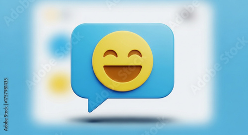 A cheerful 3d rendering of a blue speech bubble with a smiling face emoji, conveying positive feedback and communication on a light blue background
