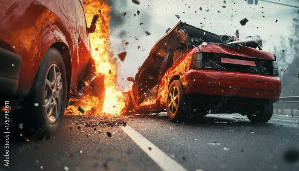 Fiery car crash on highway, two vehicles severely damaged and engulfed in flames