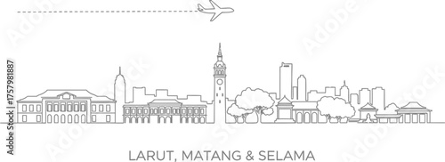 Line Art Cityscape of Larut, Matang & Selamat with Airplane