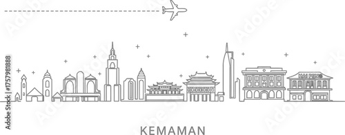 Kemaman Skyline Line Art with Airplane and Dashed Flight Path