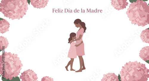 Mother and Daughter Hugging Surrounded by Pink Hydrangeas for Mother Day Celebration