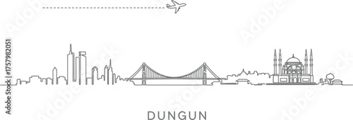 Dungun Skyline with Airplane and Bridge Line Art