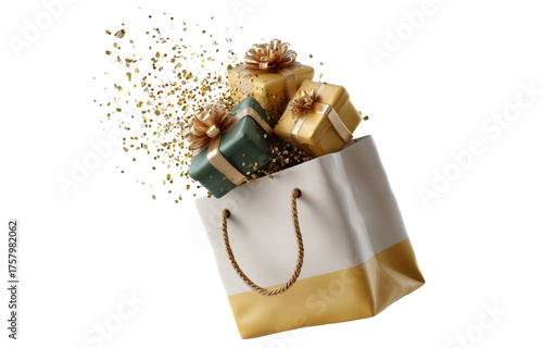 Cute glossy gold shopping bag bursting open with gold gift boxes and confetti, creating festive and joyful atmosphere. scene captures excitement of gift giving