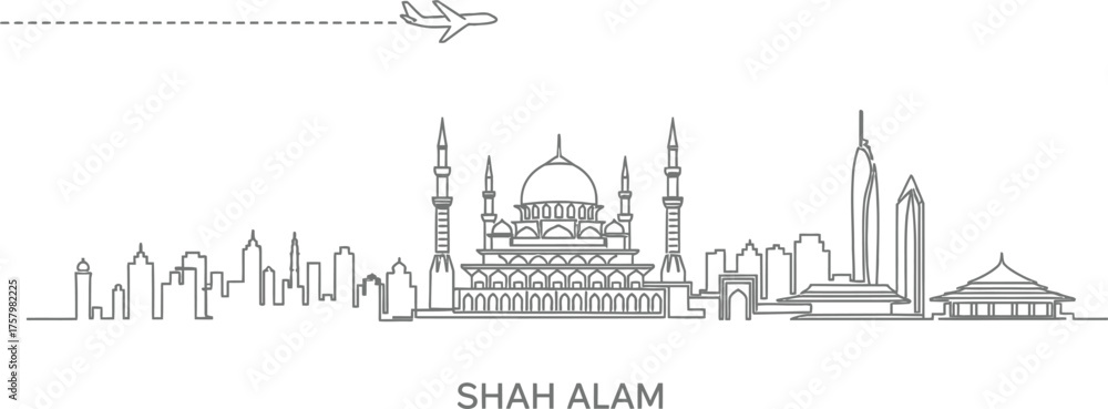 Fototapeta premium Shah Alam Skyline with Airplane and Mosque Silhouette