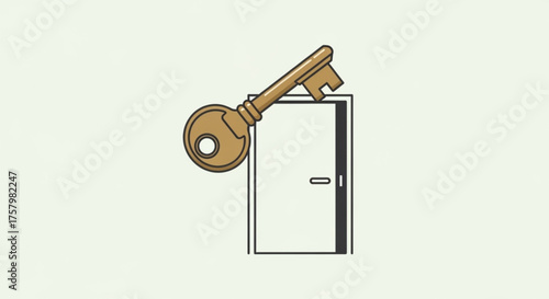 A cartoon door with a key on top, symbolizing solutions, access, opportunities, and problemsolving in a simple design