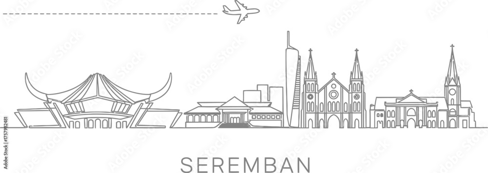 Fototapeta premium Seremban Skyline Line Art with Airplane