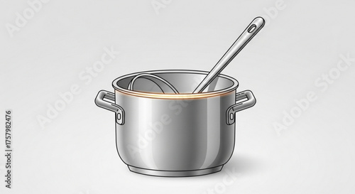 Illustration of a stainless steel cooking pot with a ladle inside kitchenware for cooking soup or stew