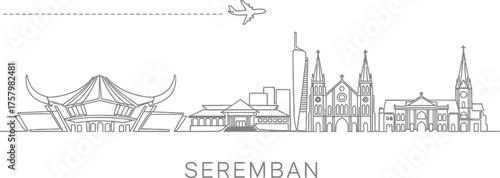 Seremban Skyline Line Art with Airplane
