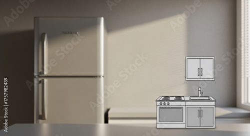 A minimalist kitchen interior with a fridge, stove, sink, and cabinet in a room with a window and sunlight coming through