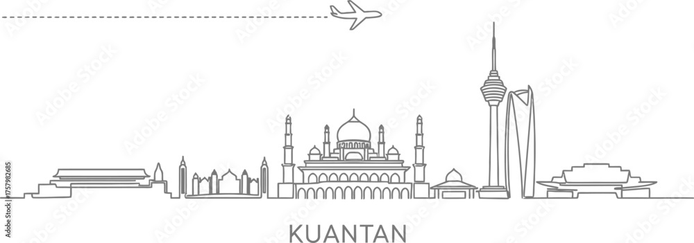 Obraz premium Kuantan City Skyline Line Art with Airplane and Flight Path