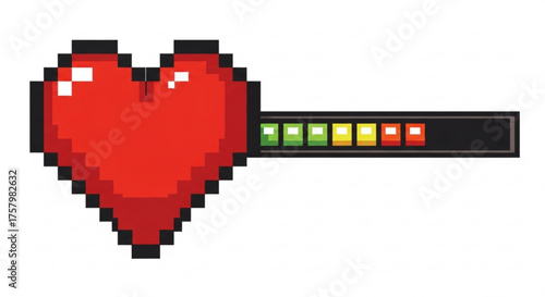 Pixelated heart health bar, showing a decreasing level of health, representing vulnerability and the need for care and attention