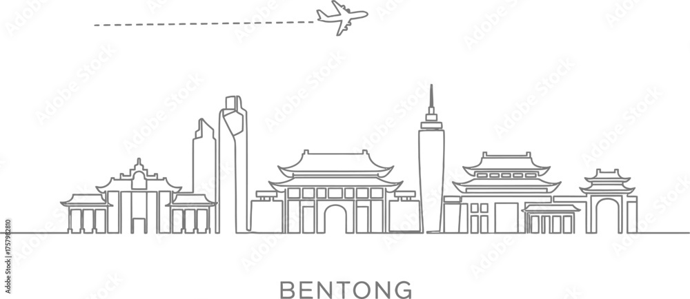 Obraz premium Bentong Skyline with Airplane Travel Icon Line Art