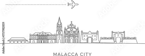 Malacca City Skyline with Airplane Travel Icon