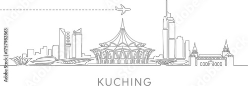 Kuching city skyline outline with airplane and dashed line