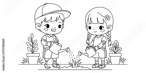 Happy Inclusive Kids Watering Flowers Coloring Page
