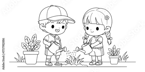 Chibi Kids with Prosthetic Limbs Watering Plants Coloring Page