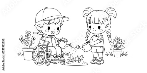 Cute Educational Coloring Page of Inclusive Children Gardening