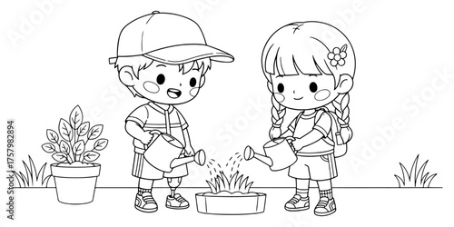 Inclusive Children Gardening Coloring Sheet Line Art