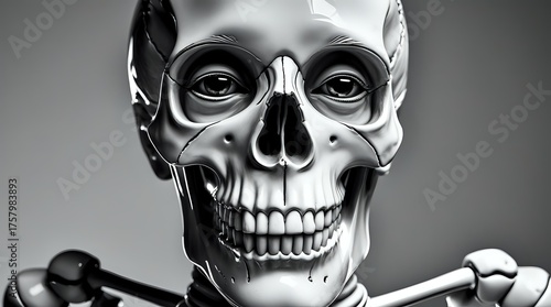 Hyper-Realistic Cyborg Skull: Monochrome 3D Portrait of a Futuristic Android with Human Eyes