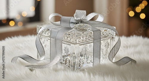 A magnificent crystal gift box adorned with a glittering silver ribbon rests on soft white faux fur