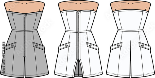 Strapless sweetheart neckline dress flat sketch, vector CAD drawing, front zipper design, pocket detail garment illustration, sewing pattern template