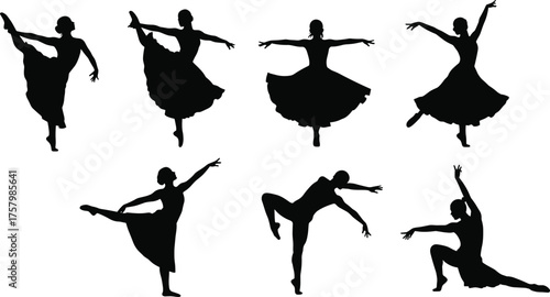 Elegant ballet dancer silhouettes in classical poses showcasing grace, balance, flexibility, movement, performance, stage art, choreography, and dance expression