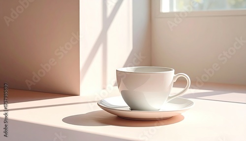 Wallpaper Mural White Ceramic Teacup and Saucer Bathed in Warm Morning Sunlight Casting Geometric Shadows on a Neutral Surface Near a Window Torontodigital.ca