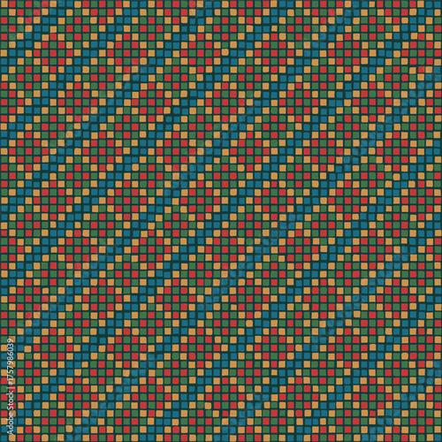 blue, orange; green; red pixels. hand drawn squares. modern decorative art. repetitive background. vector seamless pattern. geometric fabric swatch. continuous design element for textile, linen