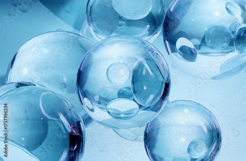 Hydrating Cosmetic Essence: 3D Render of Blue Serum Bubbles and Hyaluronic Acid Molecules