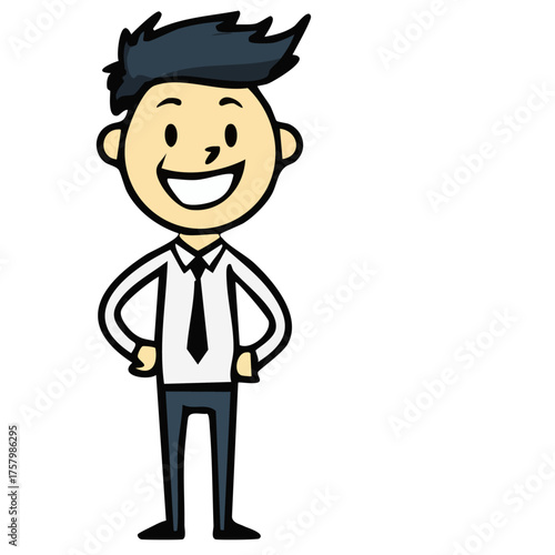 Smiling man in business attire. This illustration depicts a cheerful person standing with hands on hips, ready for action