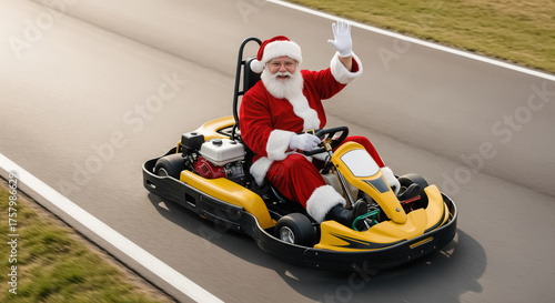 Santa Claus Drives a Go-Kart at Full Speed ​​on the Race Track