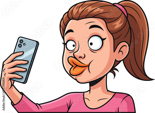 Funny cartoon girl taking selfie with duck face expression, social media humor, smartphone addiction, comic character, vector art illustration