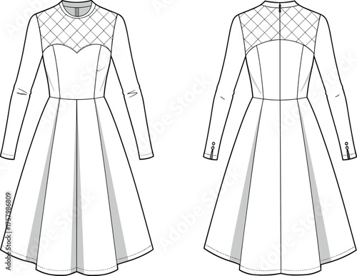Cad drawing flat vector illustration, fashion technical dress sketch, long sleeve pleated skirt design, quilted bodice apparel flat template
