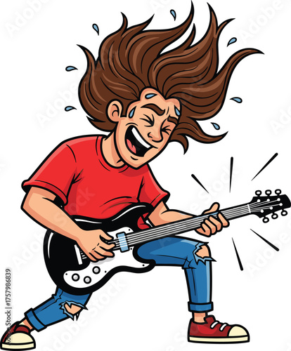 Funny cartoon rock guitarist playing electric guitar, energetic musician performing solo, rock concert illustration, music performance vector art