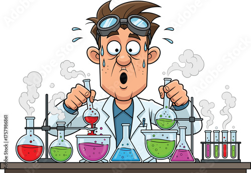 Funny cartoon scientist in lab mixing colorful chemicals, comic laboratory experiment explosion concept, science research vector illustration