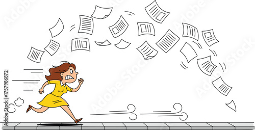 Funny cartoon woman chasing flying papers in wind, office stress, deadline panic, business failure, humor illustration, vector art design