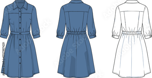 Women shirt dress fashion illustration, button down front, collared neckline, gathered waist, elbow sleeve design, cad drawing flat vector illustration