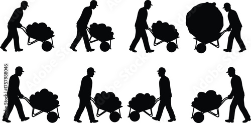 "Silhouette workers pushing wheelbarrows with different loads, manual labor poses, construction effort, industrial teamwork, farming transport, agriculture equipment vector illustration"