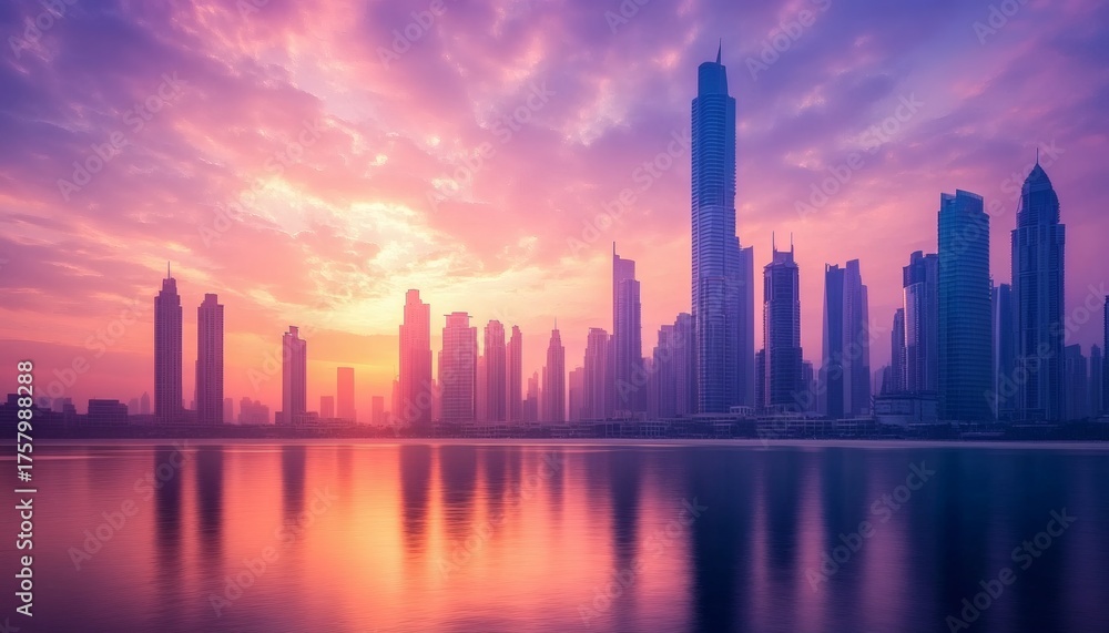 Fototapeta premium City skyline at sunset with skyscrapers reflected in calm water