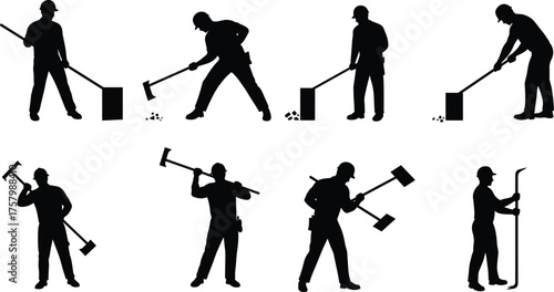 "Construction worker silhouettes with tools, demolition labor, industrial teamwork, heavy equipment, manual work, vector illustration for building industry"