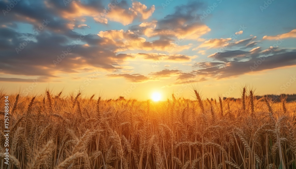 Fototapeta premium Golden wheat field at sunset with a vibrant sky