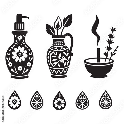 Elegant Spa and Wellness Silhouette Collection Featuring Bottles, Vases, Incense, and Floral Motifs.