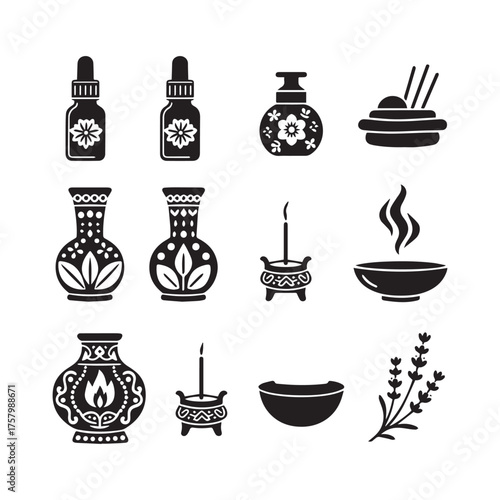 Elegant Spa and Wellness Silhouette Collection Featuring Bottles, Vases, Incense, and Floral Motifs.